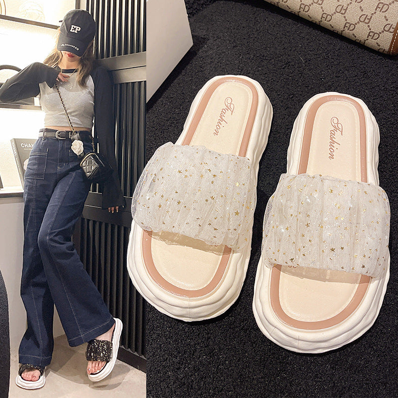 Women's Fashion Slip-on Lace Pearl Fairy Thick Sandals