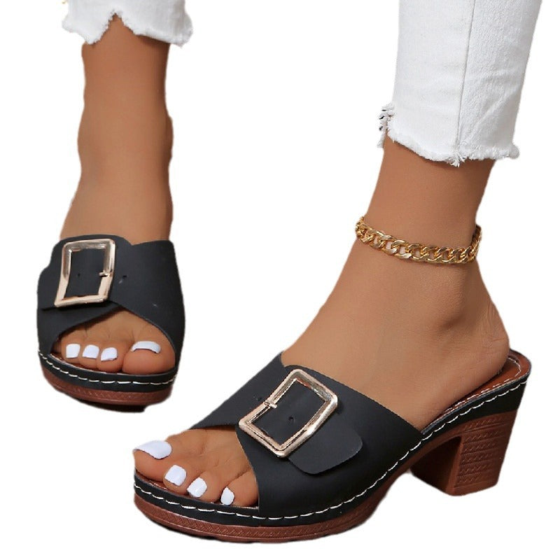 Women's Plus Size Thick Fashion Square Buckle Slippers