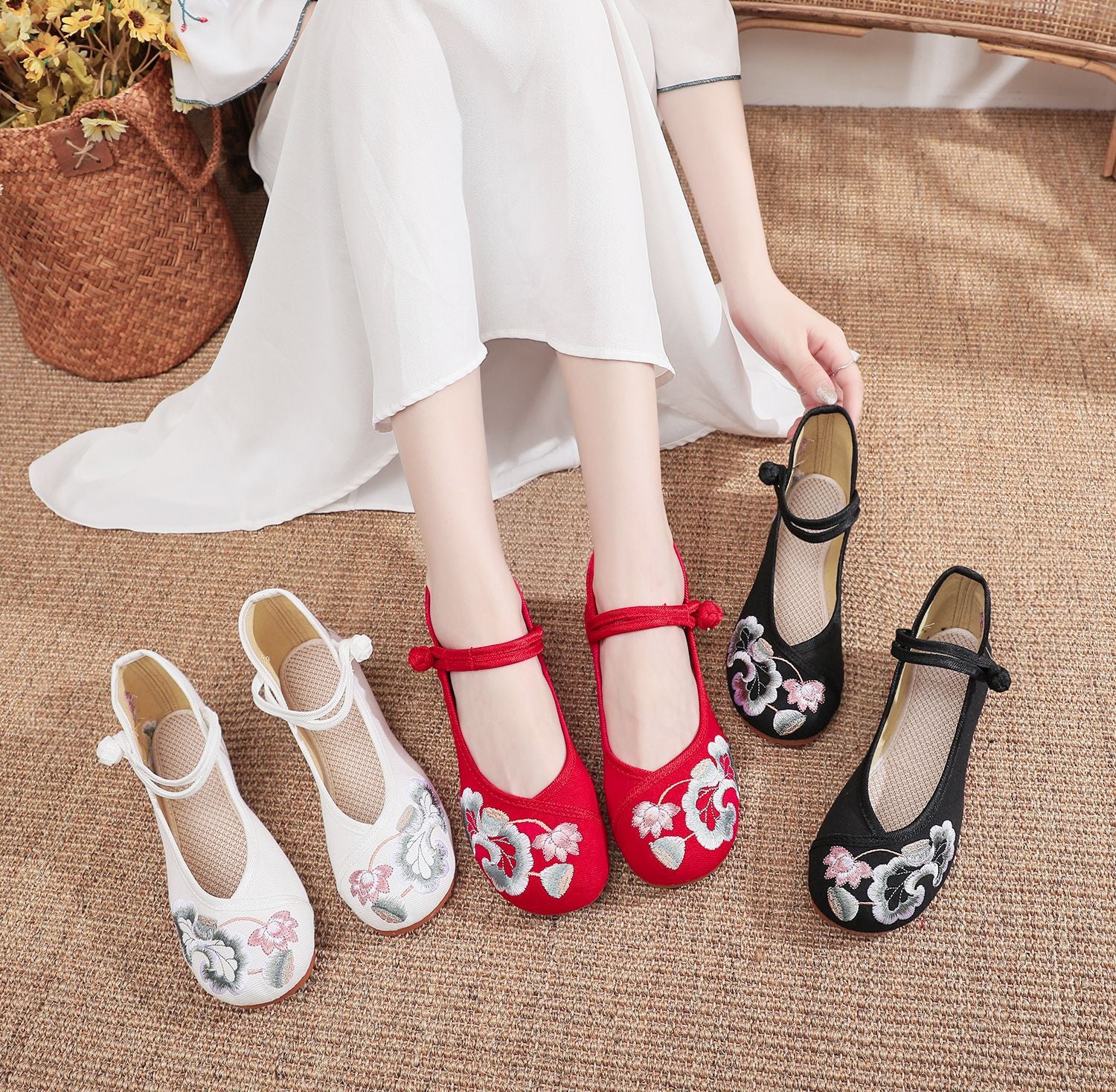 Zapatos de lona de baile cuadrados Cheongsam bajos de punta redonda Vintage para mujer