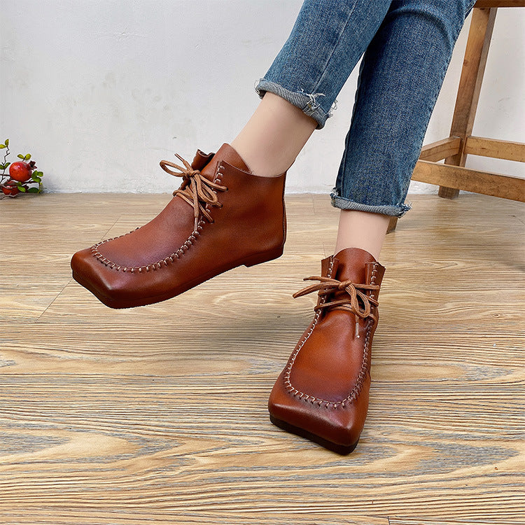 Autumn Square Head Front Lace-up Solid Boots