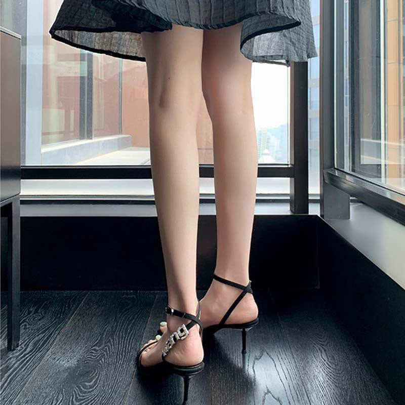 Women's Mini Cross Strap High Stiletto Rhinestone Summer Heels