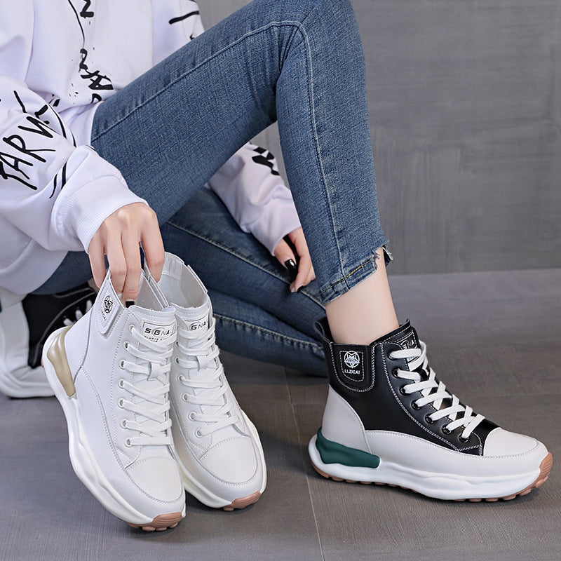 Weiße koreanische High-Top-Sneakers für Damen in Kombination mit Veet