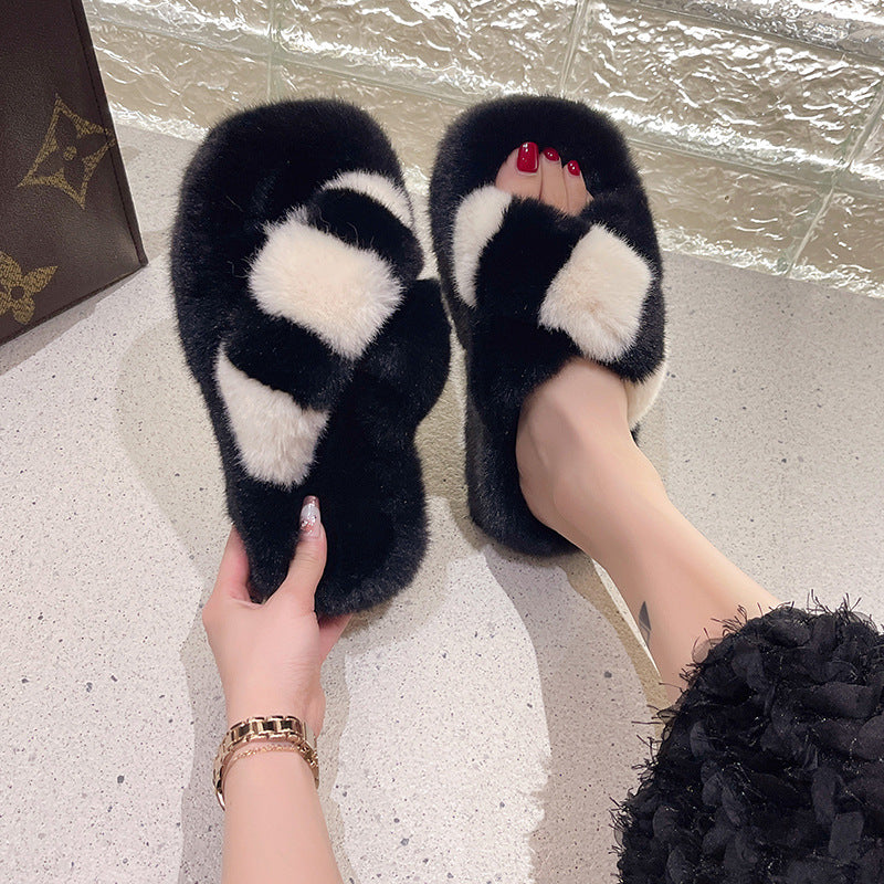 Large Size Square Toe Color-blocking Veet Height-increasing 5cm Thick House Slippers