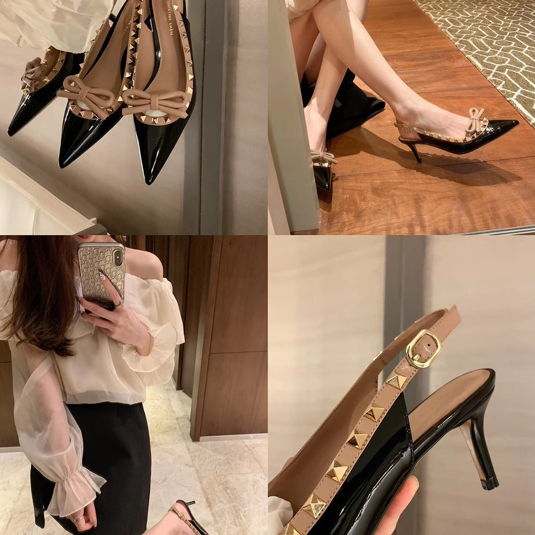 Herrenschuhe mit Schleife und Nieten, Stiletto, geschlossene Zehenpartie, Slingback, Damenschuhe