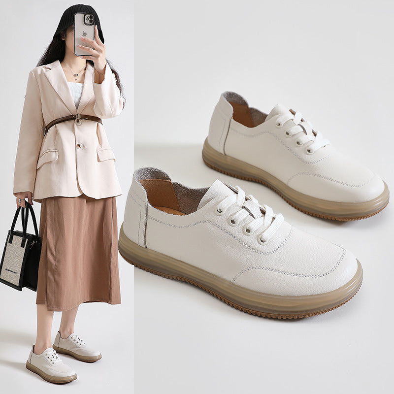 Women's Clearance Full Grain Cow Lace-up Flat White Casual Shoes