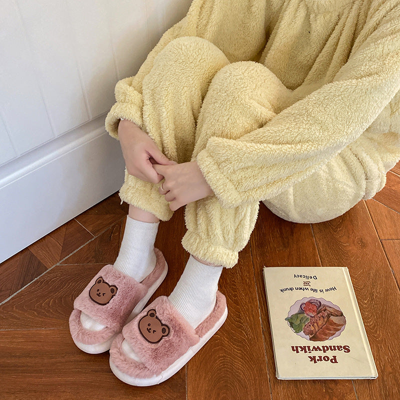 Women's Winter Cute Thick-soled Heart Flip-flops Fur Sandals