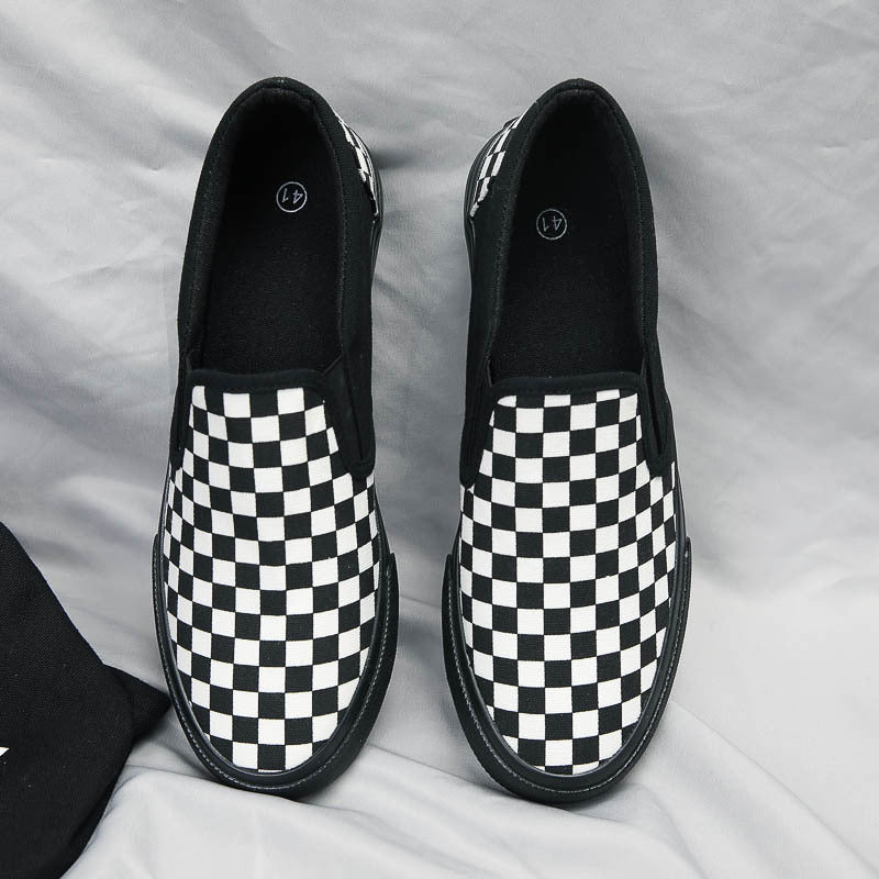 Men's White Plaid Summer Slip-on Breathable Chessboard Canvas Shoes