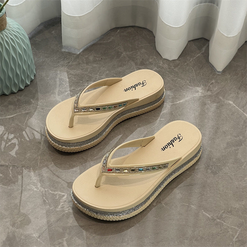 Women's Bottom Flip-flops Summer Outer Wear Rhinestone Slippers