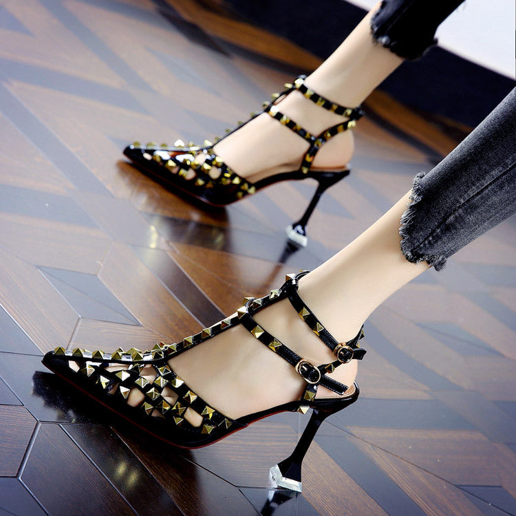 Women's Fashion Pointed Toe Shallow Mouth Stiletto Rivet Buckle Heels