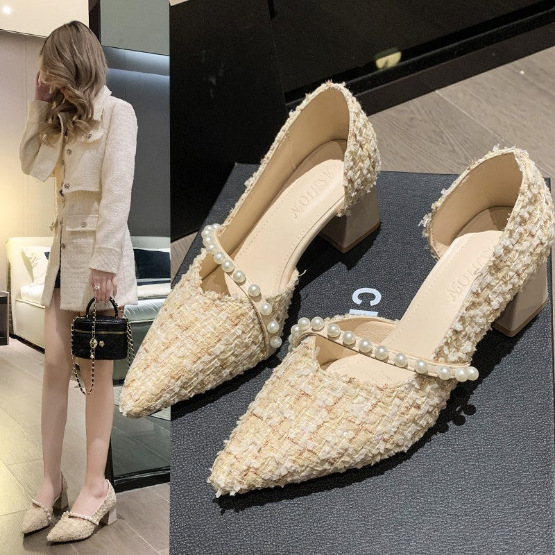 Women's Spring Pearl Fairy Pointed Toe Shallow Mouth Side Women's Shoes