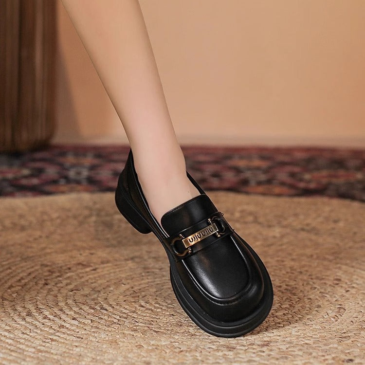 Women's Spring British Style Black Round Head Thick Loafers