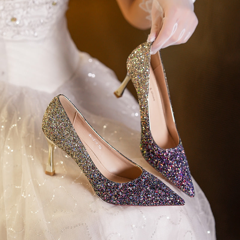 Elegant Gradient Crystal Sequined Banquet Dress Women's Shoes