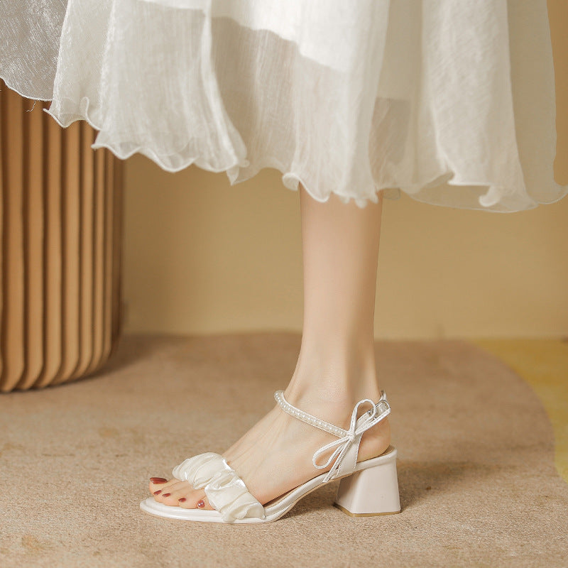 Women's Fairy Style Bow Pleated Pearl Buckle Heels
