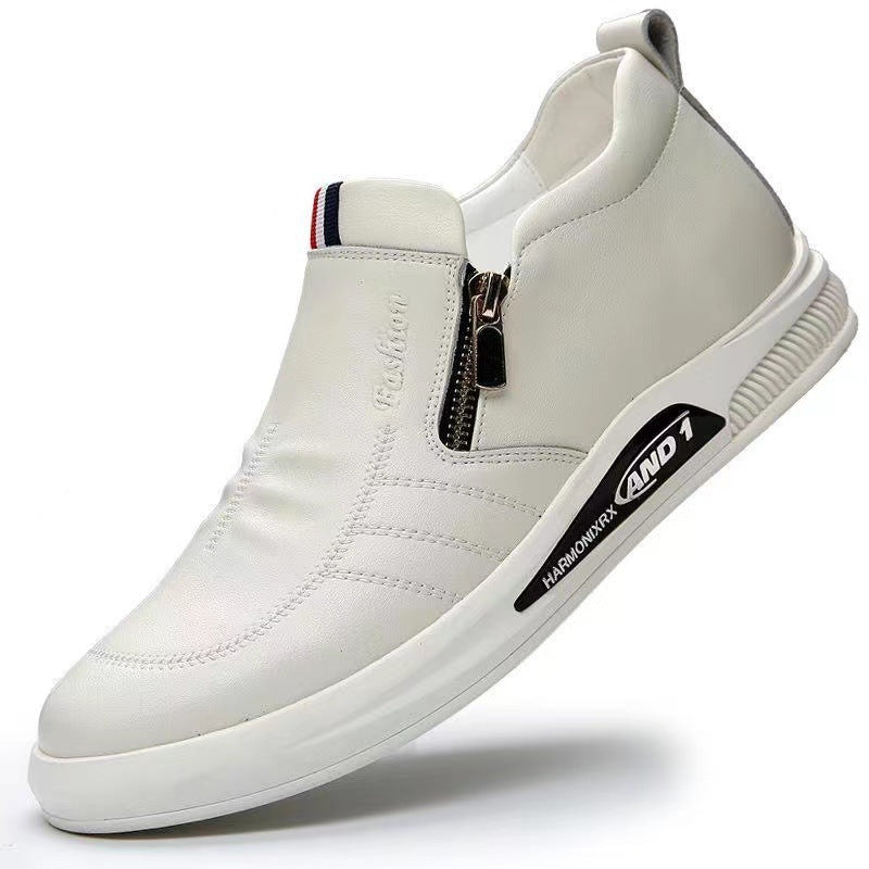 Men's White Shallow Mouth Zipper Trendy Fashion Leather Shoes