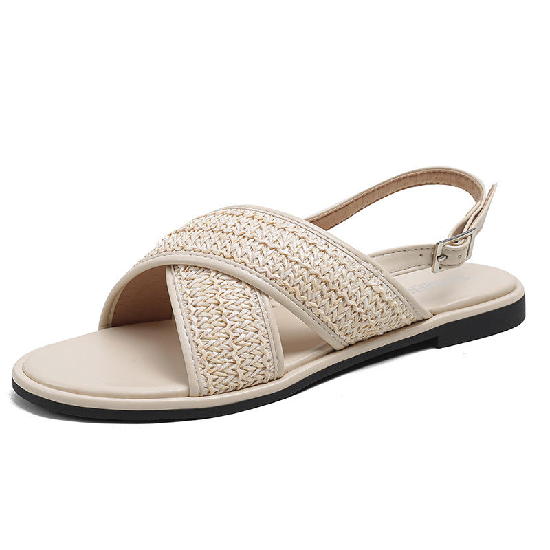 Women's Surface Cross Buckle Strap Round Toe Open Sandals