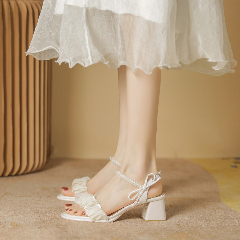 Women's Fairy Style Bow Pleated Pearl Buckle Heels