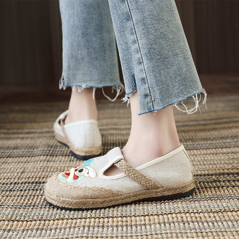 Pretty Traditional Embroidered Linen Cloth Shallow Canvas Shoes