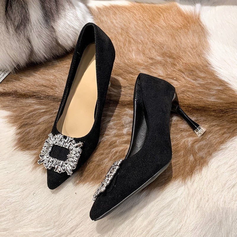 Women's High Black Low-cut Stiletto Rhinestone Not Tired Women's Shoes