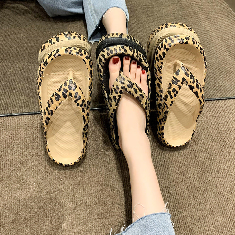 Women's Wear Summer Toe Thick Bottom Fashion Leopard Print Slippers