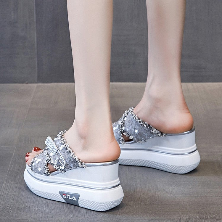 Women's Summer Wear Korean Style Sequined Platform Slippers
