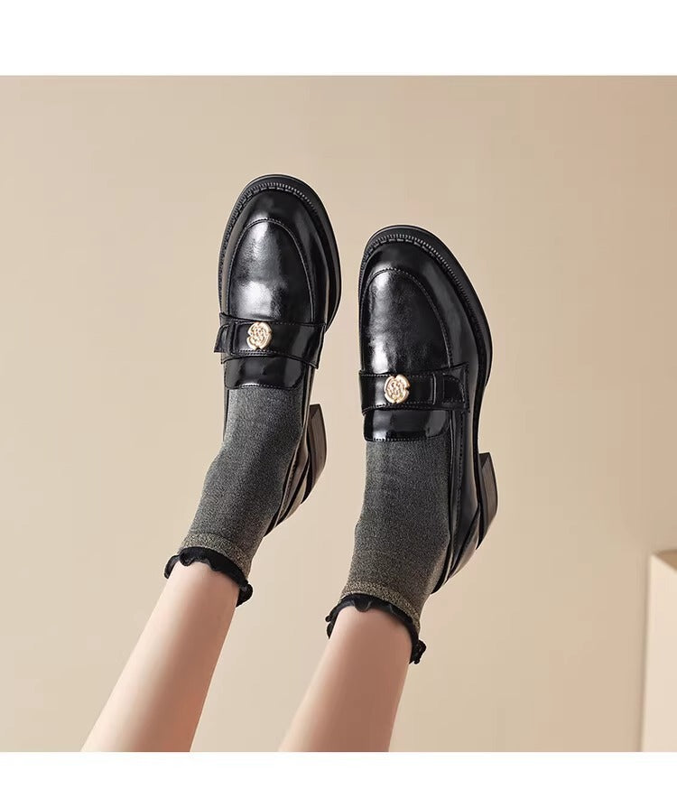 Damen-Loafer im französischen Retro-Stil, britischer Stil, klobige echte Schuhe