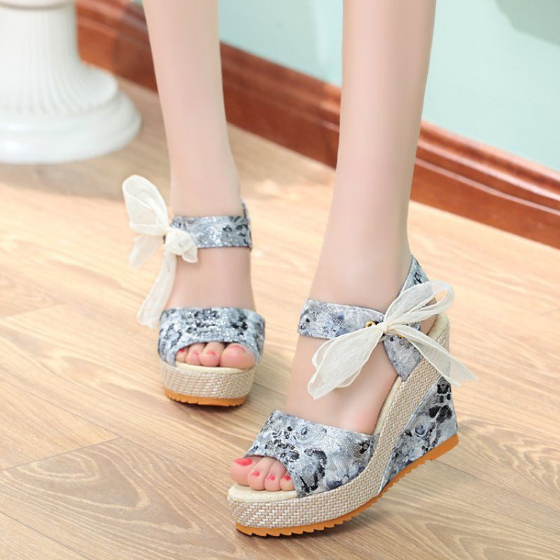 Women's Summer Flower Wedge Bow Platform Bohemian Sandals
