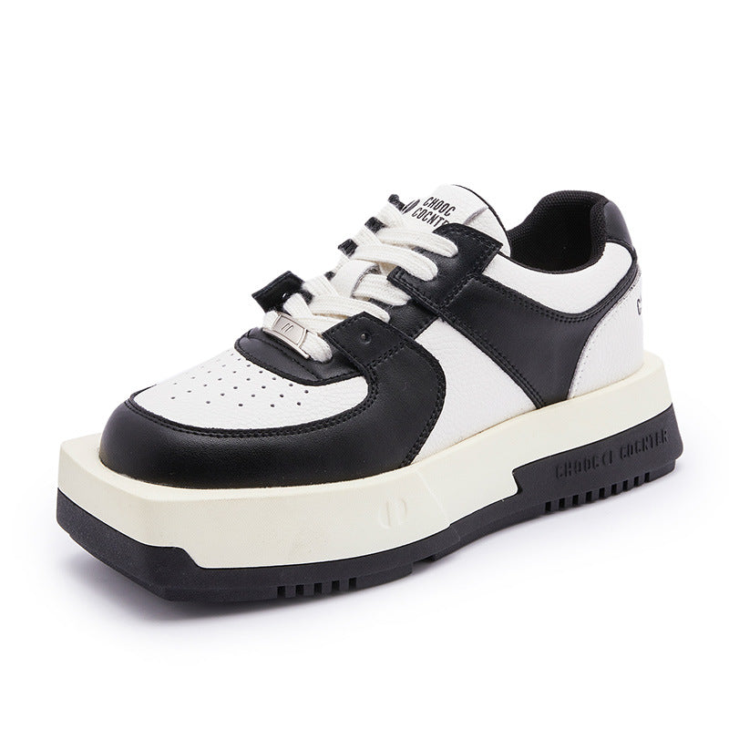 Women's Square Mandarin Duck Genuine Black And White Casual Shoes