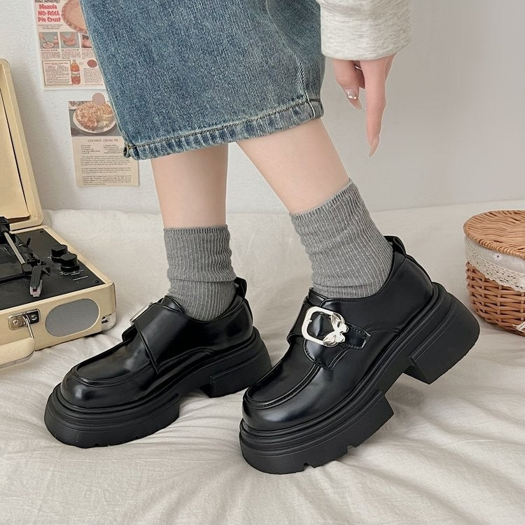 Women's Black Spring Retro British Style Chunky Loafers