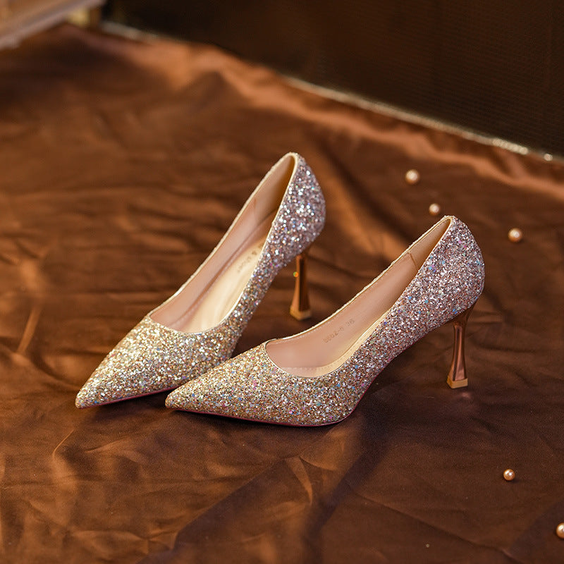 Elegant Gradient Crystal Sequined Banquet Dress Women's Shoes