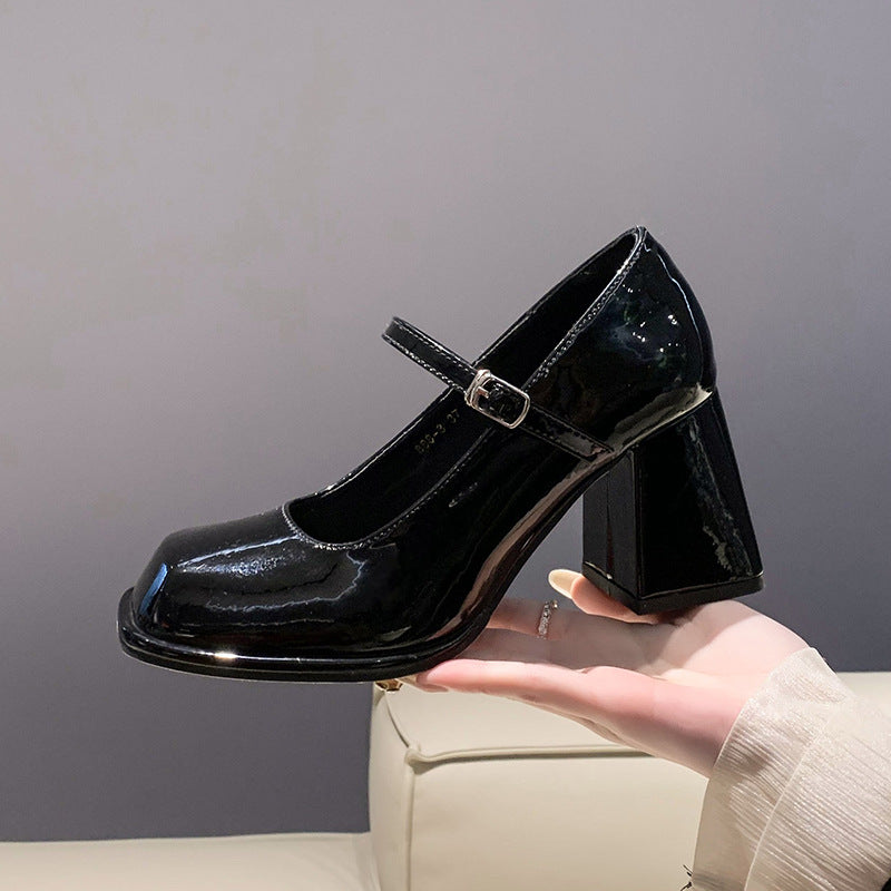 Women's Black With Buckle Square Toe Patent Women's Shoes