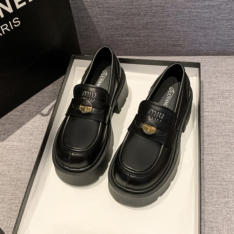 Chaussures en cuir véritable à plateforme pour femmes de style britannique avec pièce d'or