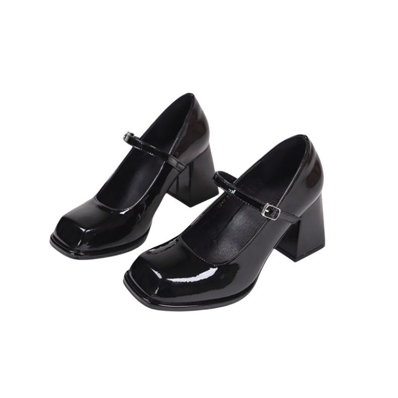 Women's Black With Buckle Square Toe Patent Women's Shoes