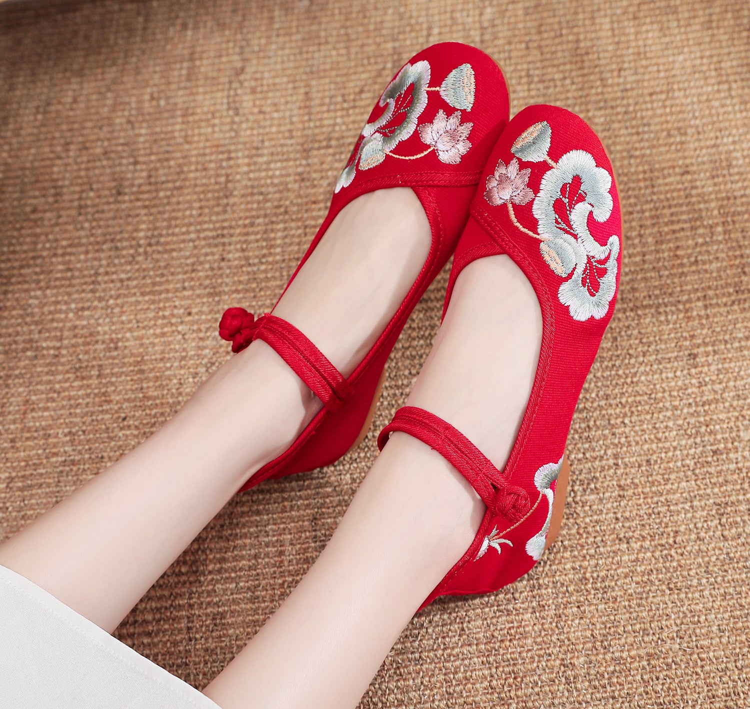Zapatos de lona de baile cuadrados Cheongsam bajos de punta redonda Vintage para mujer