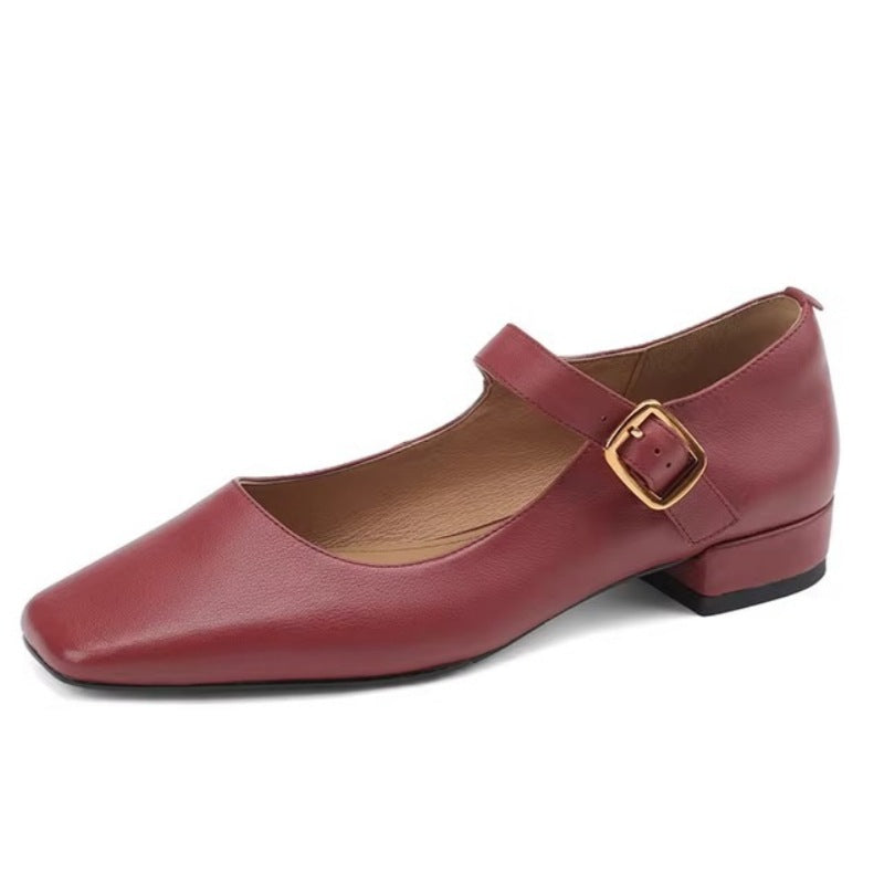 Women's Square Toe Mary Jane Flat Pumps Leather Shoes