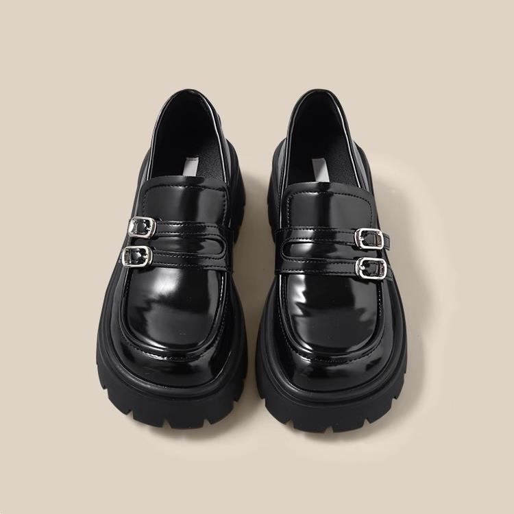 Women's Black Spring British Style Double-breasted Thick Loafers