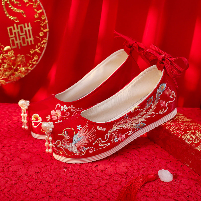 Flower Beads Decorative Red Wedding Inner Height Increase Canvas Shoes