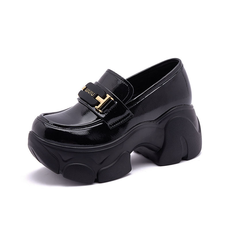 Women's British Black Platform Spring Slip-on Pumps Height Leather Shoes