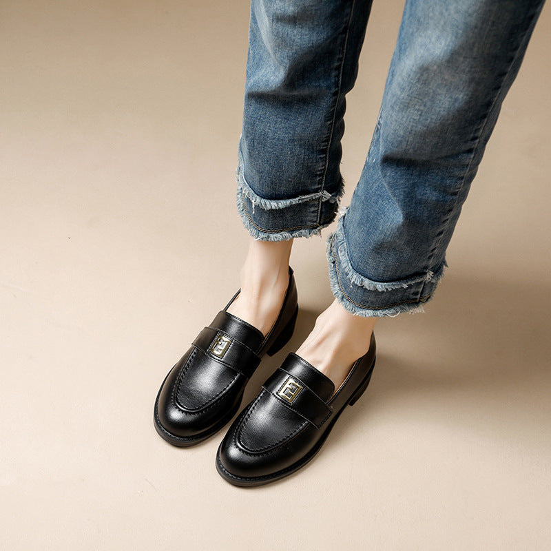 Women's Skin Round Head Chunky Genuine Retro Loafers