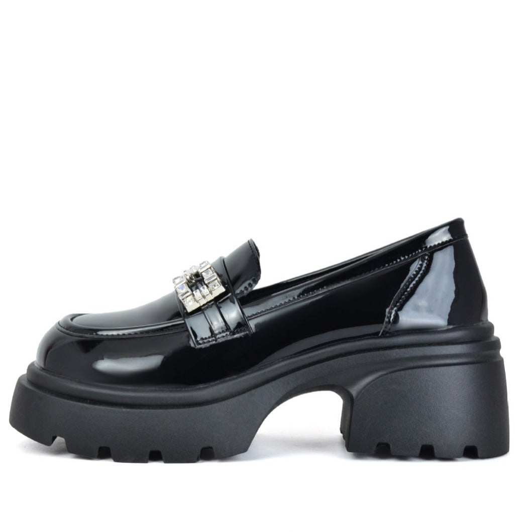 Damen-Loafer mit dicker Sohle und Plateau-Schnalle und Strasssteinen