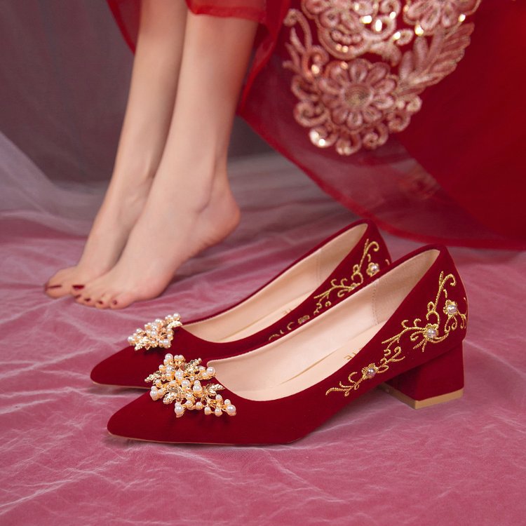 Women's Bridal Dress Two-way Chinese Red Pointed High Heels