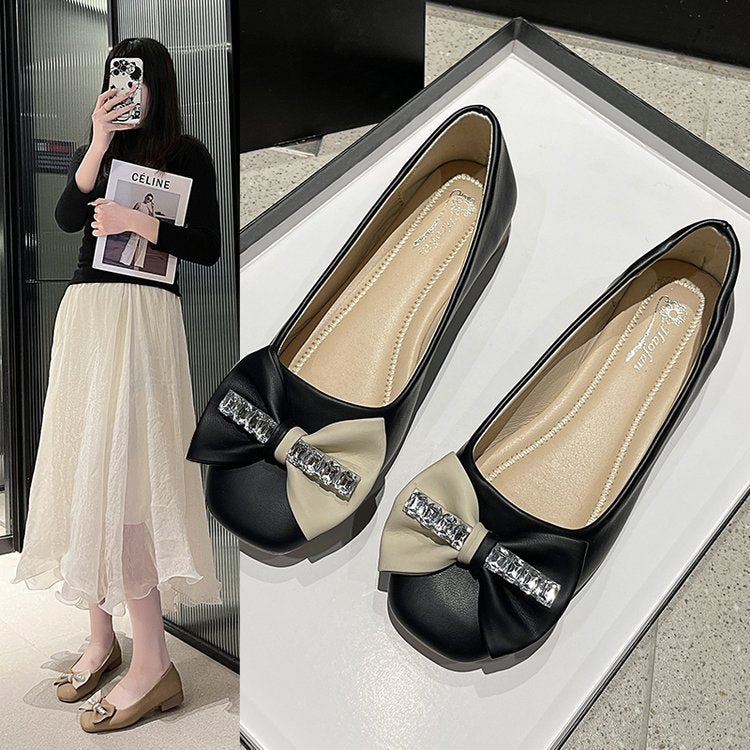 Women's Sweet Bow Flat Square Toe Shallow Mouth Women's Shoes