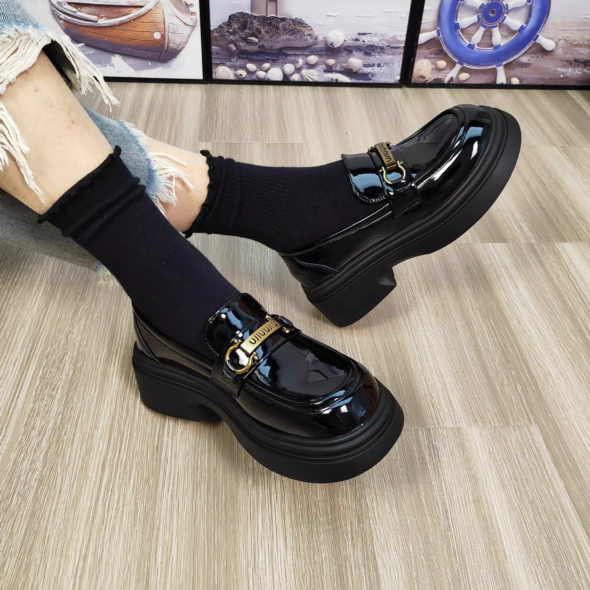 Women's Spring British Style Black Round Head Thick Loafers