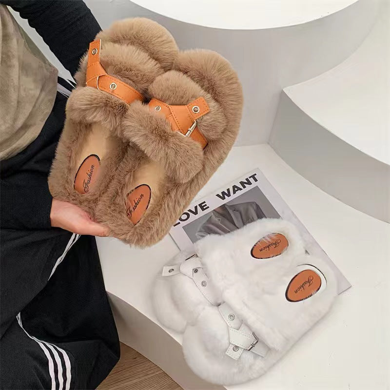 Women's Bottom Fluffy Outer Wear Fashion Good-looking Cotton Slippers