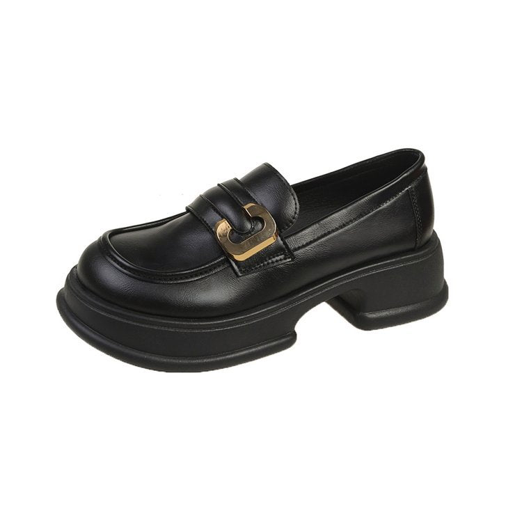 Women's Round Toe Strap Square Buckle Chunky British Loafers