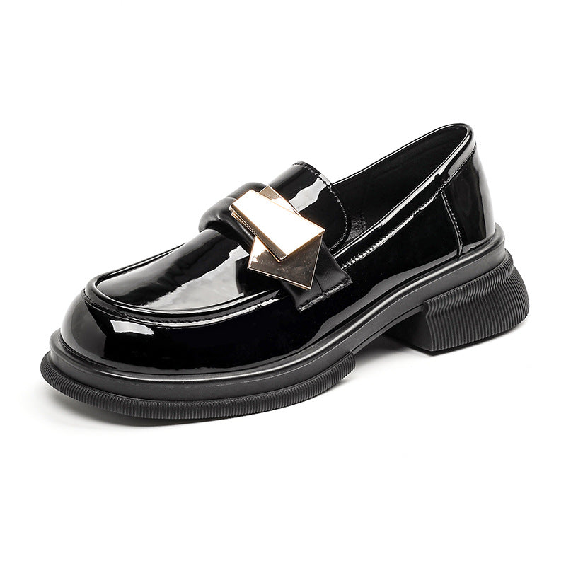 Chaussures en cuir épais noir verni de style britannique pour femmes