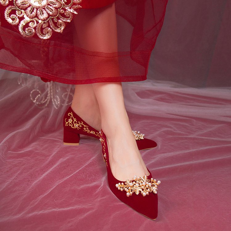 Women's Bridal Dress Two-way Chinese Red Pointed High Heels