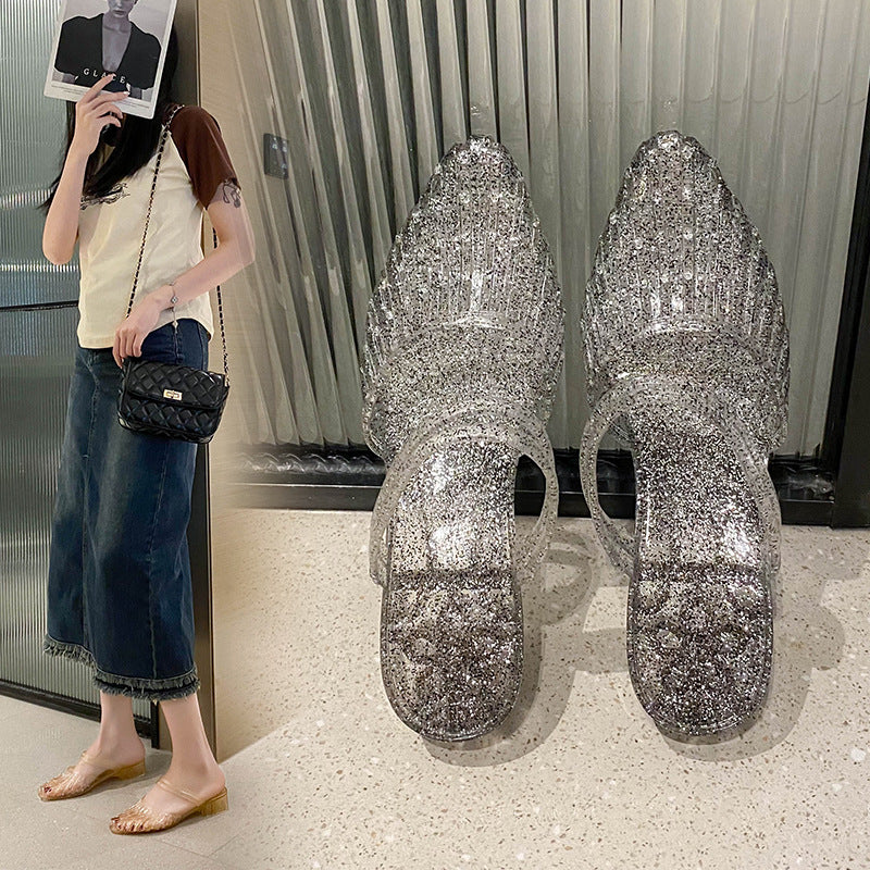 Women's Chunky Crystal Stylish Plastic Jelly Transparent Heels