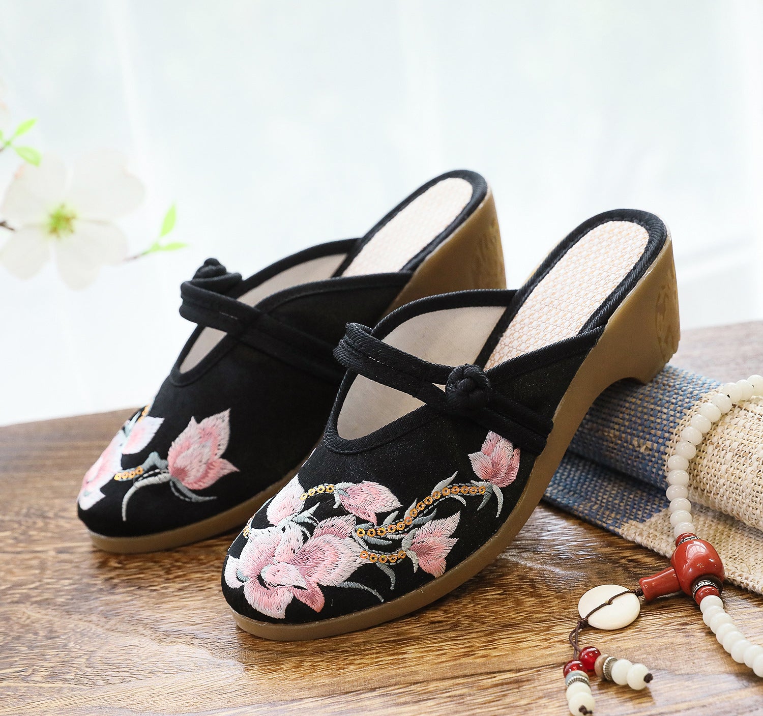Women's Summer High Wedge Embroidered Cloth Cotton Heels