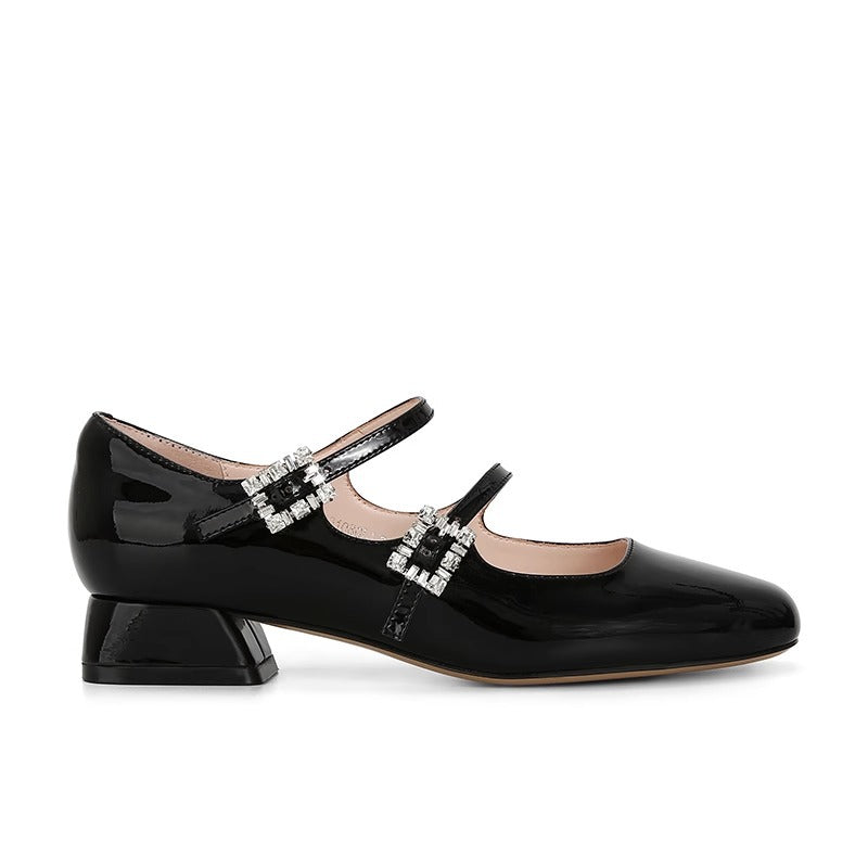 Women's Black Patent Rhinestone Square Buckle Thin Women's Shoes