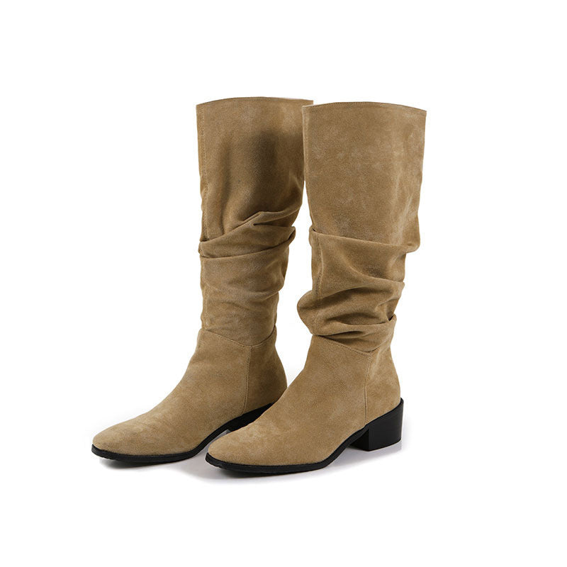 Women's Suede Thick Pointed Toe High Leg Brown Boots